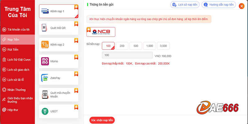 Nạp tiền AE666 vô cùng dễ dàng và nhanh chóng